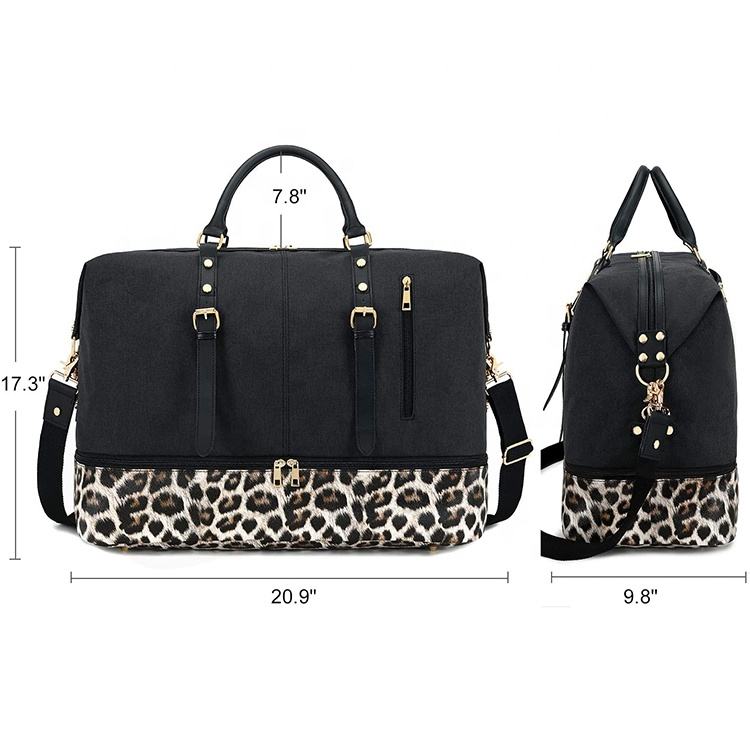 豹纹印花周末包女士时尚行李袋手提包隔夜包皮革 & 帆布豪华旅行周末包